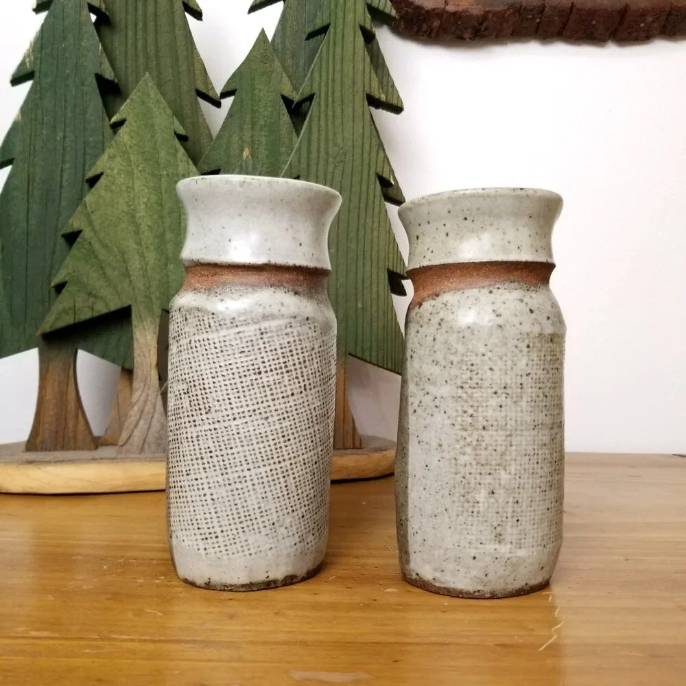 Set of 2 Vintage 1960s Hand-Thrown Stoneware Vases